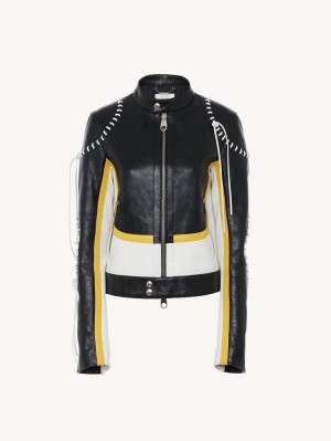 Leather Chloe Vélo Jacket Noir Jaune | CHE-SR14108