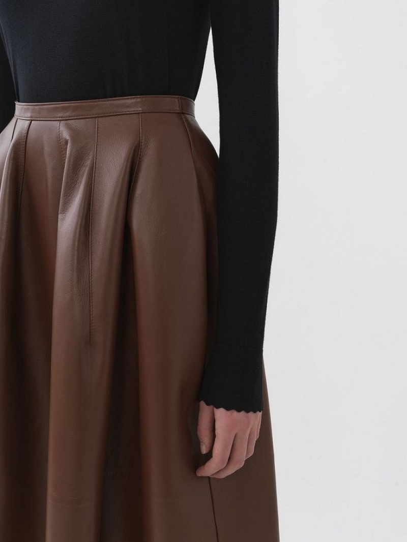 Leather Chloe Gathered Mid-length Skirt Cafe | CHE-SR14116