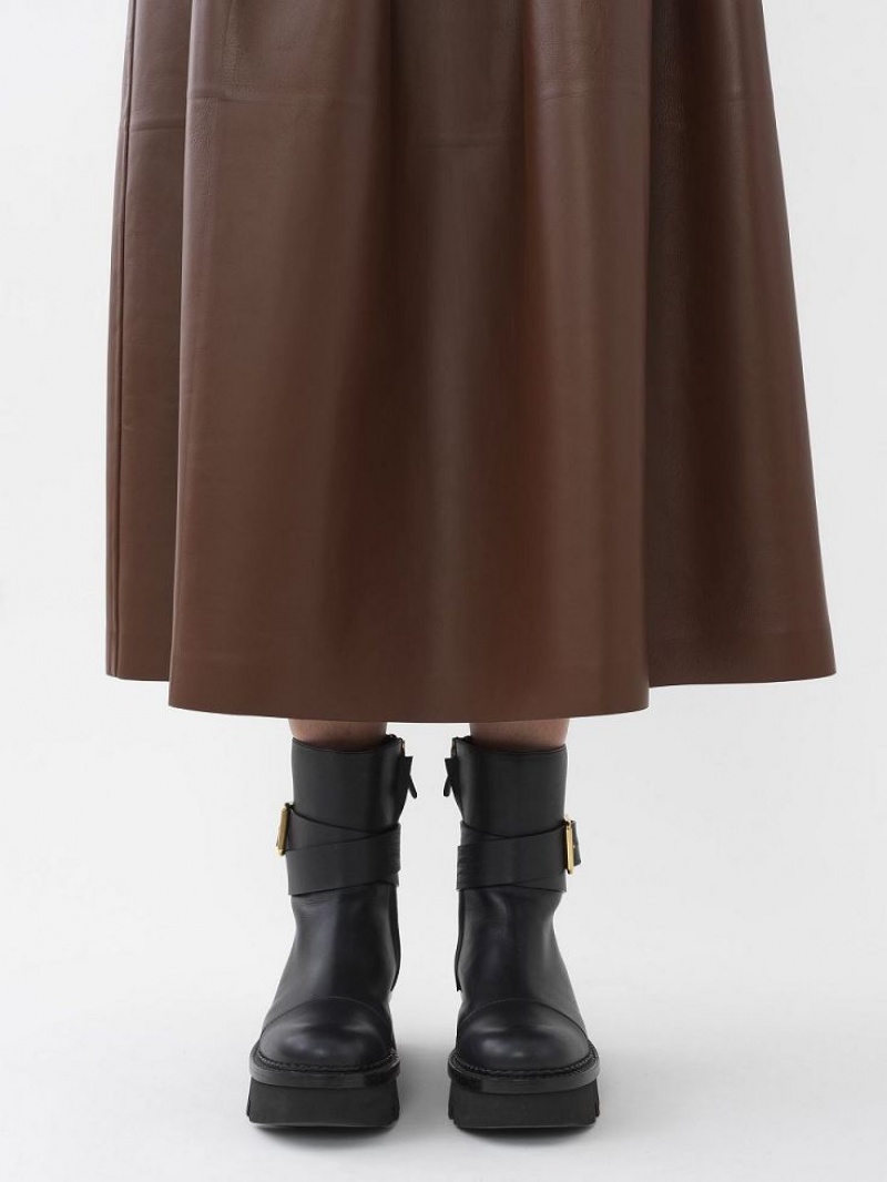 Leather Chloe Gathered Mid-length Skirt Cafe | CHE-SR14116