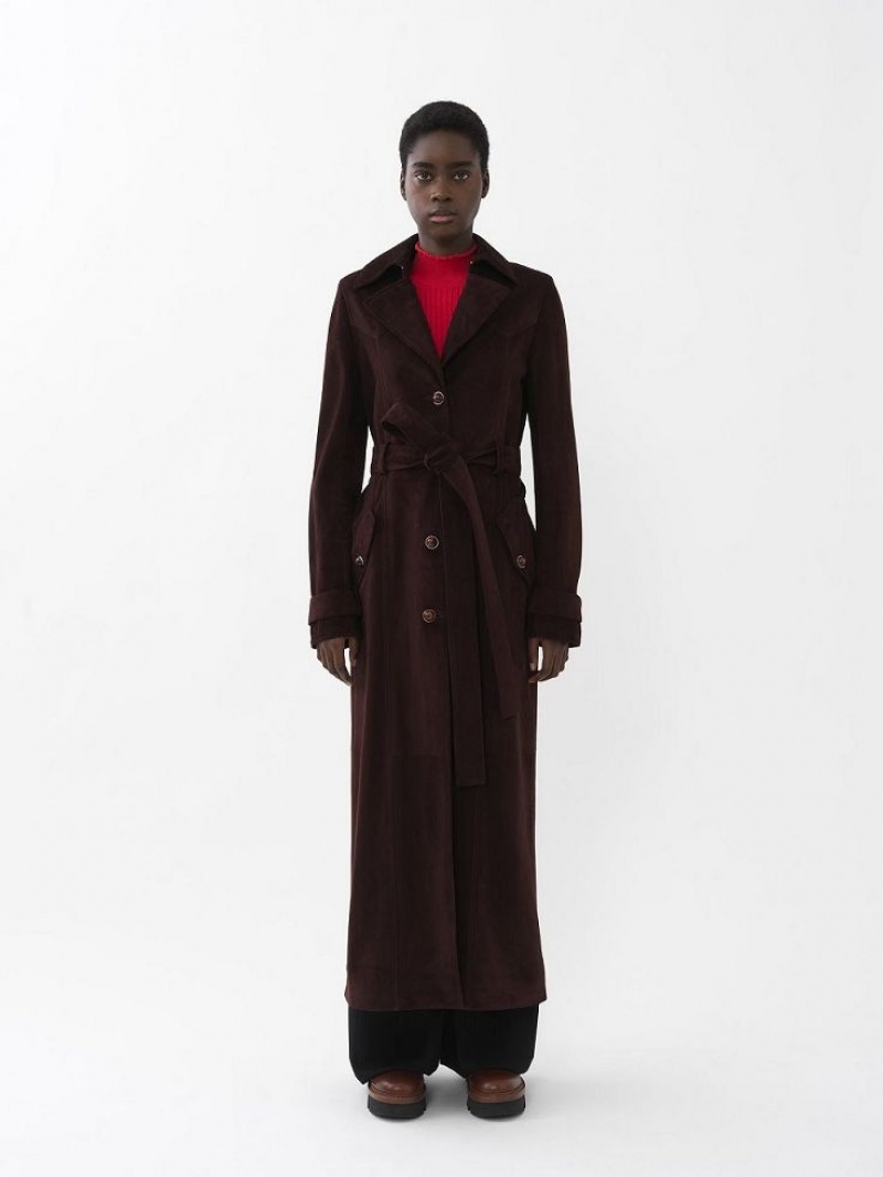 Leather Chloe Long Trench Coat Marron | CHE-SR14119