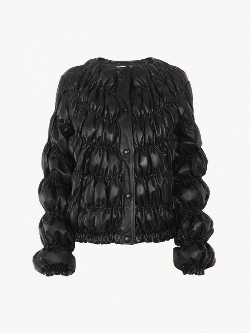 Leather Chloe Ruched Puffer Jacket Noir | CHE-SR14115