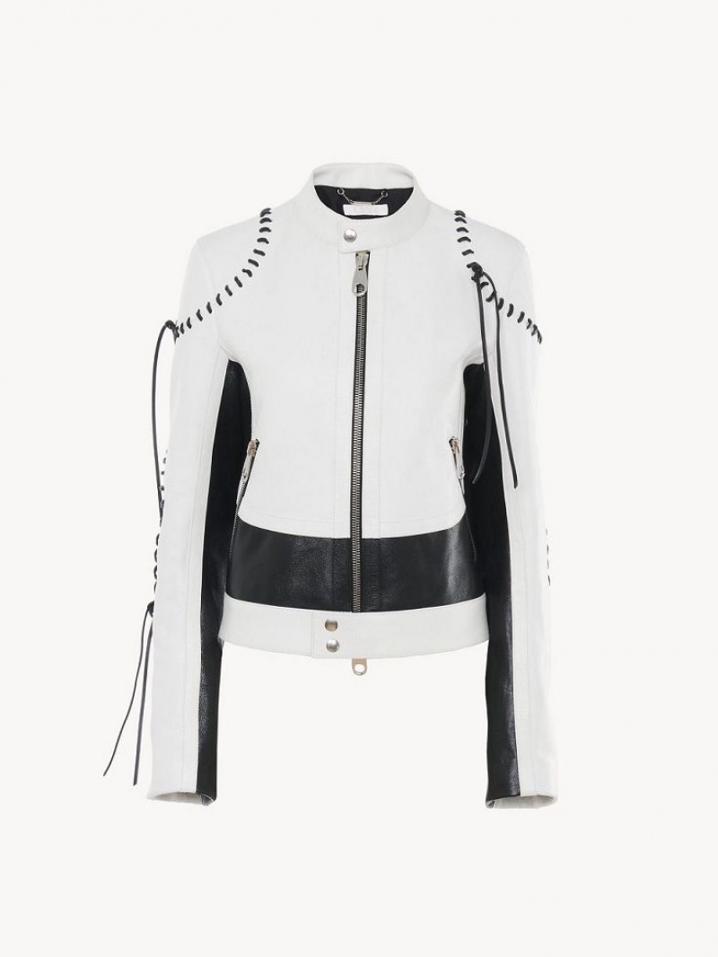 Leather Chloe Vélo Jacket Noir Blanche | CHE-SR14106