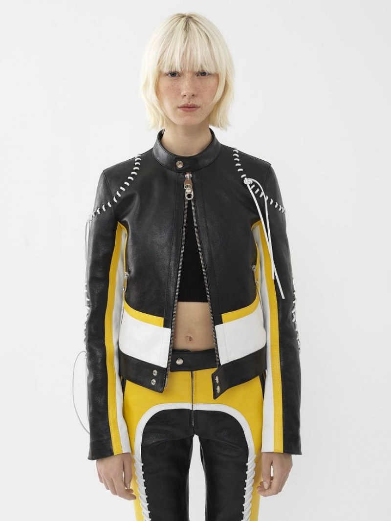 Leather Chloe Vélo Jacket Noir Jaune | CHE-SR14108