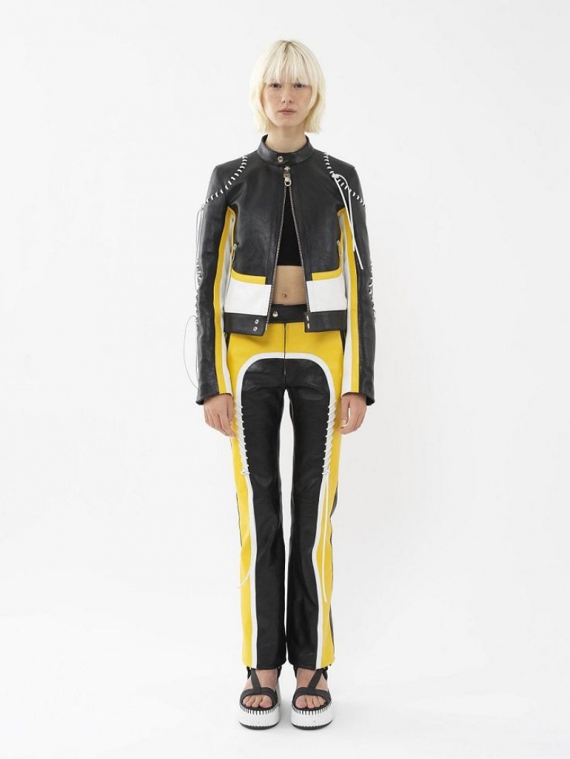 Leather Chloe Vélo Jacket Noir Jaune | CHE-SR14108