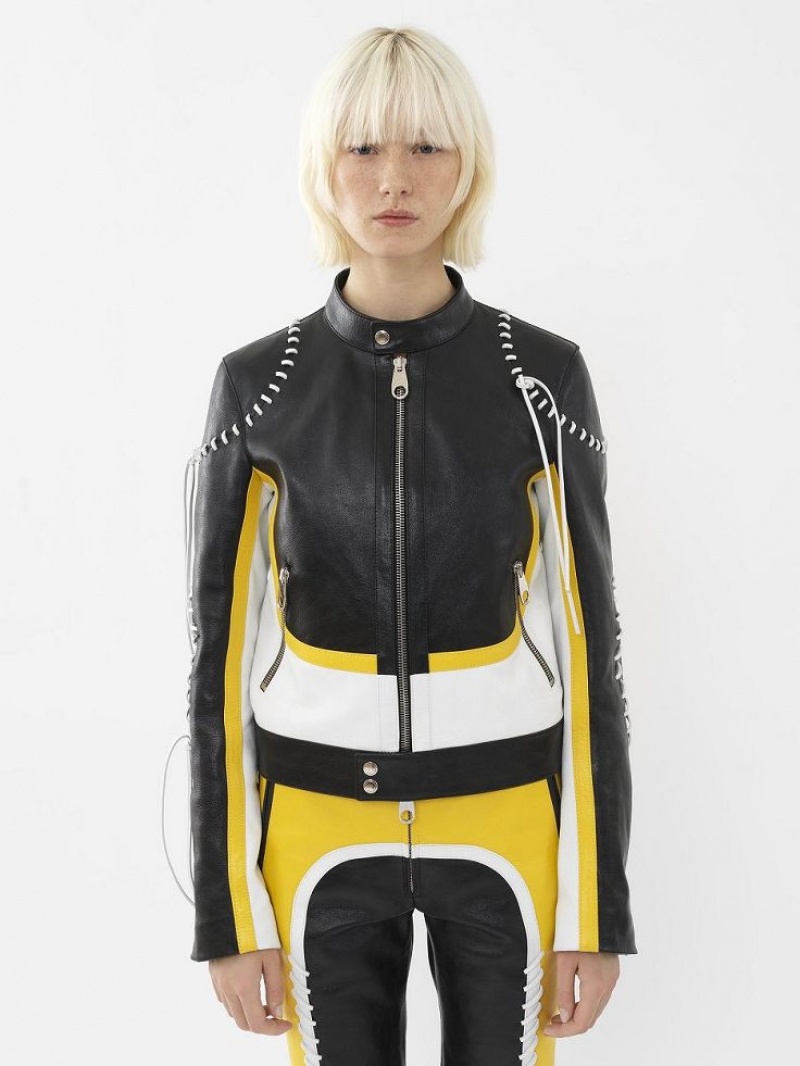 Leather Chloe Vélo Jacket Noir Jaune | CHE-SR14108