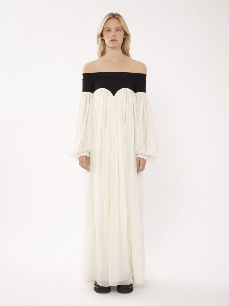 Peignoir Chloe Off-the-shoulder Maxi Noir Blanche | CHE-SR13857