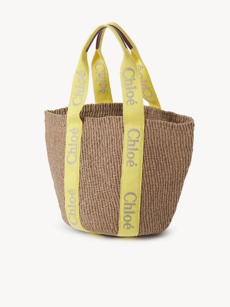 Sacs Fourre Tout Chloe Large Woody Basket Jaune Beige | CHE-SR13330