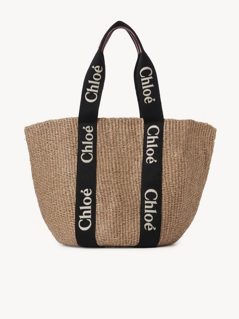 Sacs Fourre Tout Chloe Large Woody Basket Noir Beige | CHE-SR13333