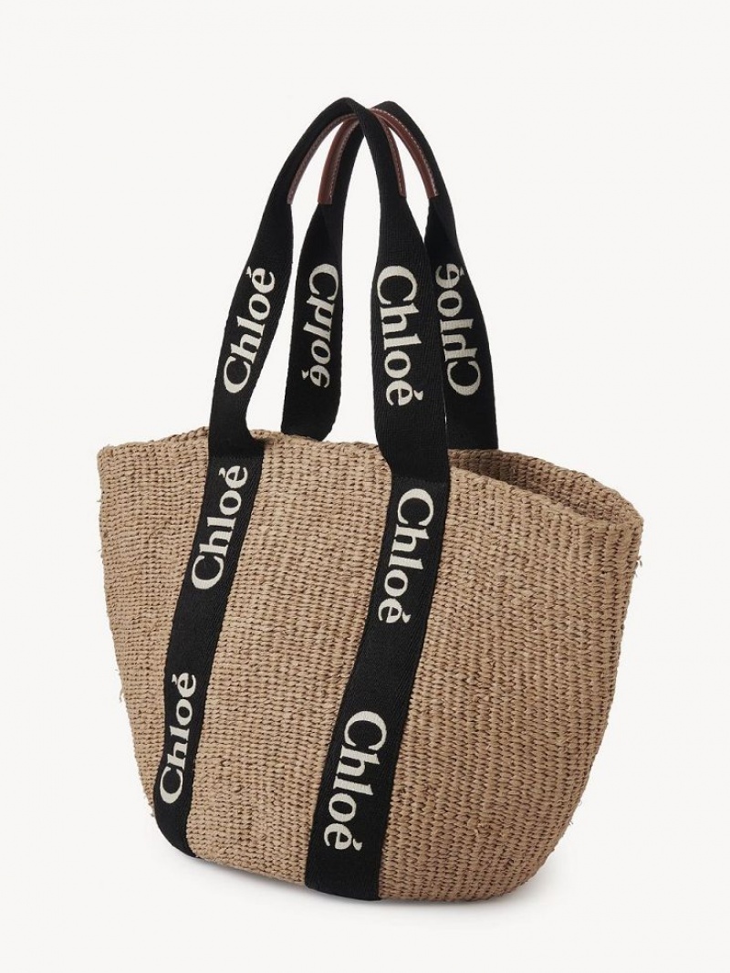 Sacs Fourre Tout Chloe Large Woody Basket Noir Beige | CHE-SR13333